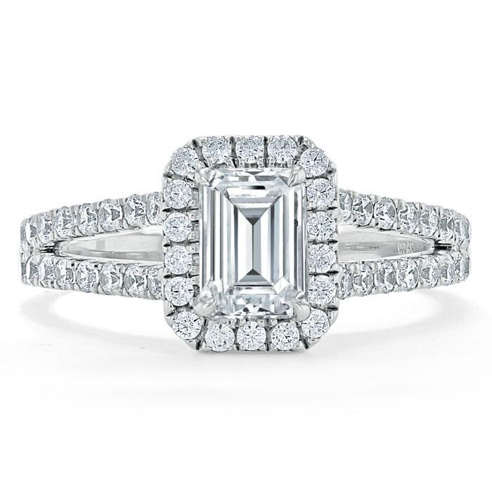 Lab Diamond Emerald Cut Engagement Ring, Classic Halo with Split Shank, Choose Your Stone Size and Metal