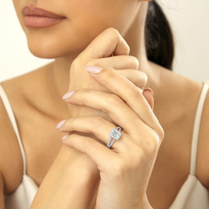 Lab Diamond Emerald Cut Engagement Ring, Classic Halo with Split Shank, Choose Your Stone Size and Metal
