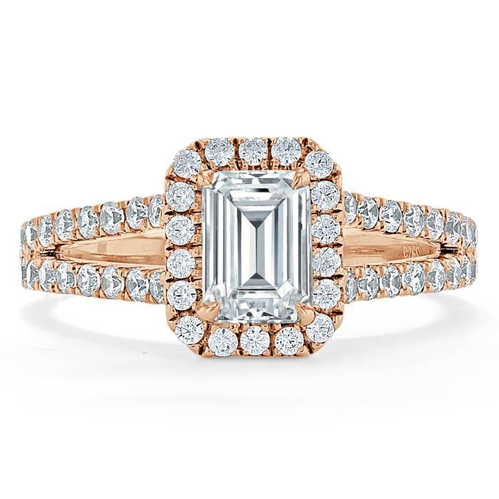 Lab Diamond Emerald Cut Engagement Ring, Classic Halo with Split Shank, Choose Your Stone Size and Metal
