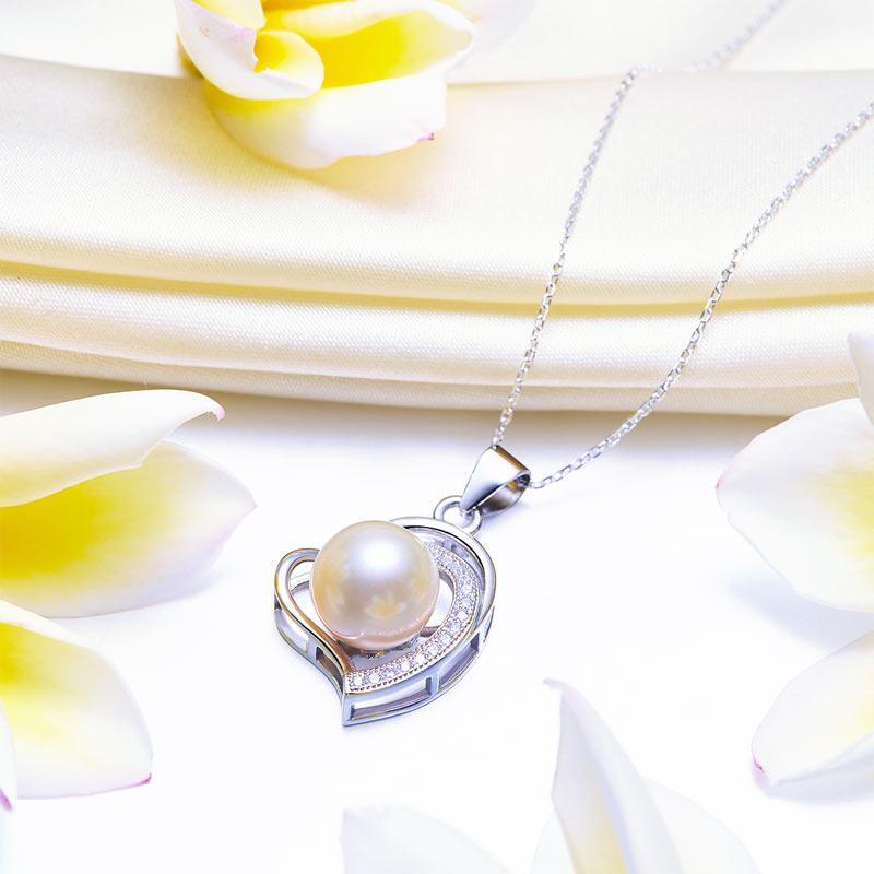 Pearl & Diamond Pendant, Simulated Diamond Heart Necklace, 925 Sterling Silver