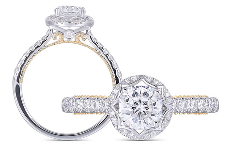 1.00ct Round Cut Moissanite, Vintage Design Engagement Ring, 14Kt 585 White & Yellow Gold