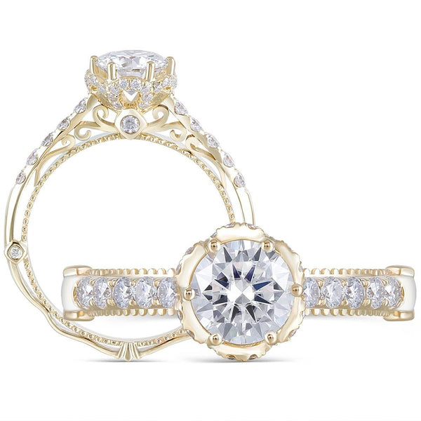 1.00ct Round Cut Moissanite Engagement Ring, Vintage Design, 14Kt 585 Yellow Gold