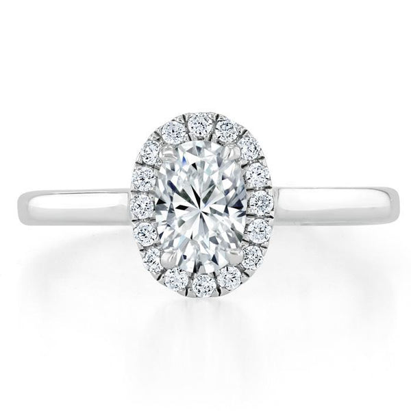 0.75ct Oval Cut Moissanite Halo Engagement Ring, Available in White Gold or Platinum