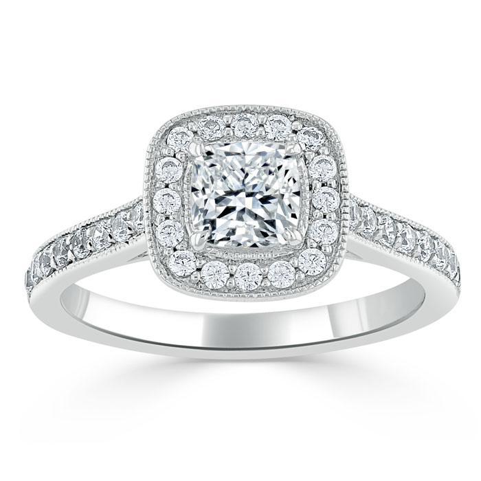 Lab-Diamond Cushion Cut Halo Engagement Ring, Tiffany Style, Choose Your Stone Size and Metal