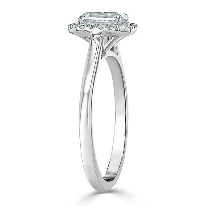 0.75ct Emerald Cut Moissanite Halo Engagement Ring, Available in White Gold or Platinum
