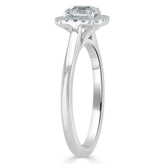 0.75ct Asscher Cut Moissanite Halo Engagement Ring, Available in White Gold or Platinum