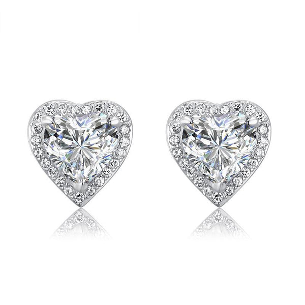 3.00ct each, Classic Heart Cut Diamond Halo Stud Earrings, 925 Sterling Silver