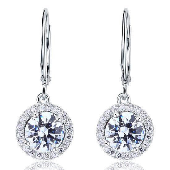 1.00ct each, Vintage Art Deco, Round Cut Diamond Halo Drop Earrings, 925 Sterling Silver