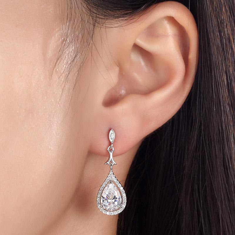2.00ct each, Vintage Art Deco, Pear Cut Diamond Earrings, 925 Sterling Silver