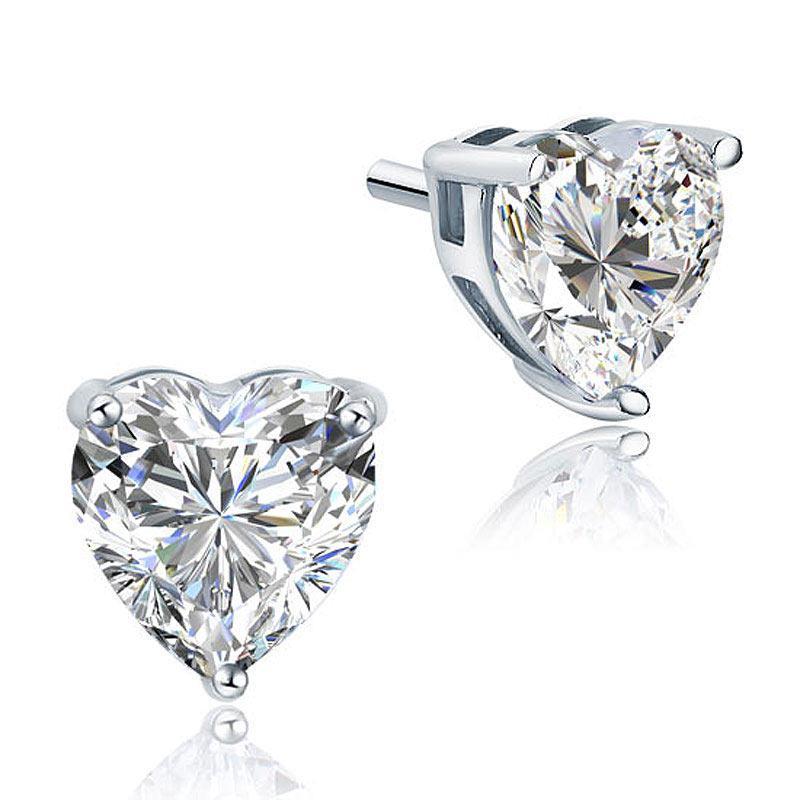 2.00ct each, Classic Heart Cut Diamond Stud Earrings, 925 Sterling Silver