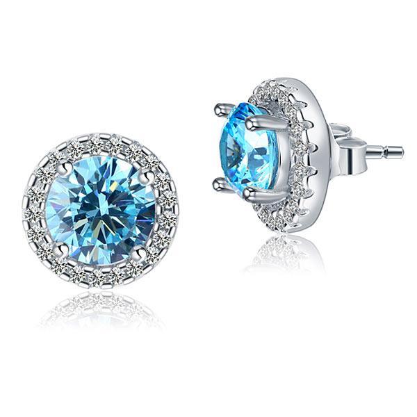2.50ct Classic Blue Diamond Halo Stud Earrings, Round cut, 925 Sterling Silver