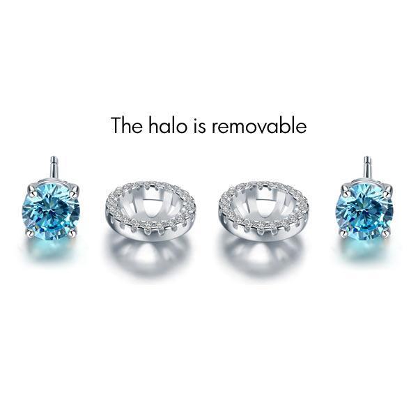 2.50ct Classic Blue Diamond Halo Stud Earrings, Round cut, 925 Sterling Silver