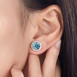 2.50ct Classic Blue Diamond Halo Stud Earrings, Round cut, 925 Sterling Silver