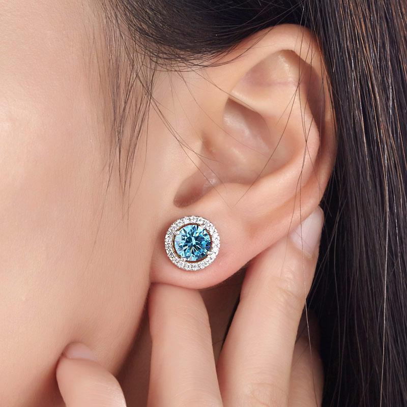 2.50ct Classic Blue Diamond Halo Stud Earrings, Round cut, 925 Sterling Silver