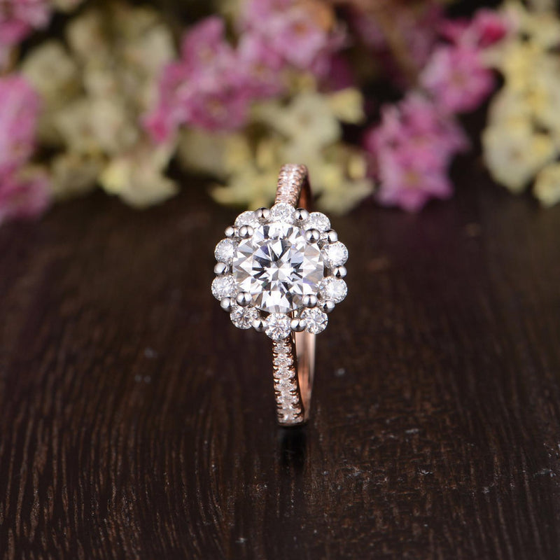 Round Cut Moissanite Engagement Ring, Vintage Halo Design, Choose Your Stone Size & Metal