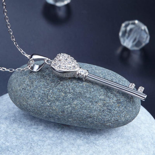 0.75ct Pave Set Diamond Key Pendant, Classic Key Diamond Necklace, 925 Silver