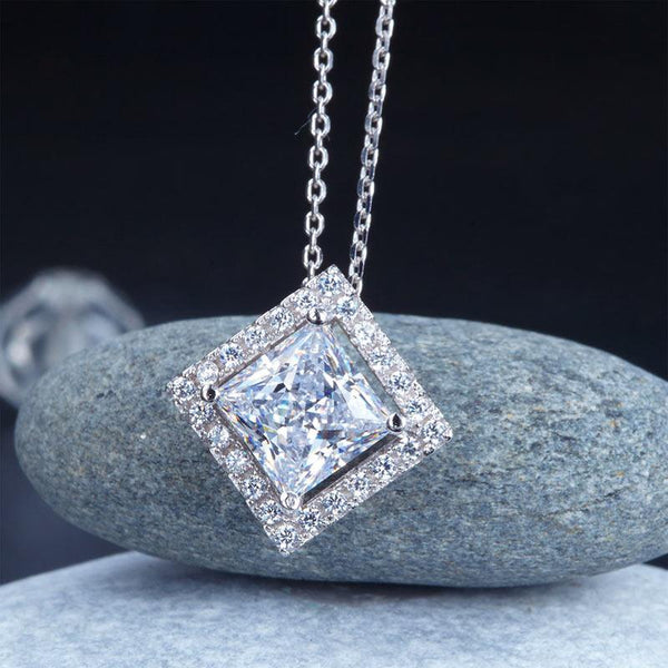1.50ct Princess Cut Diamond Halo Pendant, Classic Diamond Necklace, 925 Silver