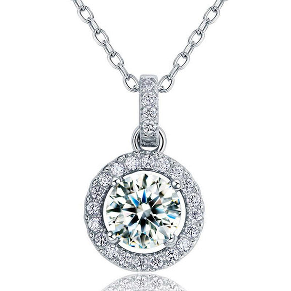 1.00ct Diamond Halo Pendant, Classic Round Cut Diamond Necklace, 925 Silver