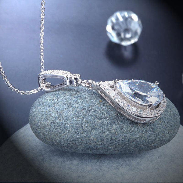 3.00ct Pear Cut Diamond Halo Pendant, Bridal Diamond Necklace, 925 Silver