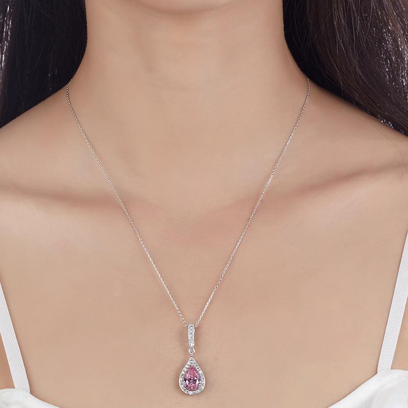 3.00ct Pear Cut Pink Diamond Halo Pendant, Bridal Diamond Necklace, 92 –