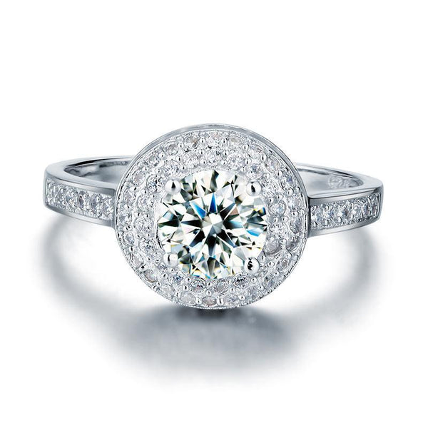 1.00ct Double Halo Round Cut Diamond Engagement Ring, 925 Sterling Silver