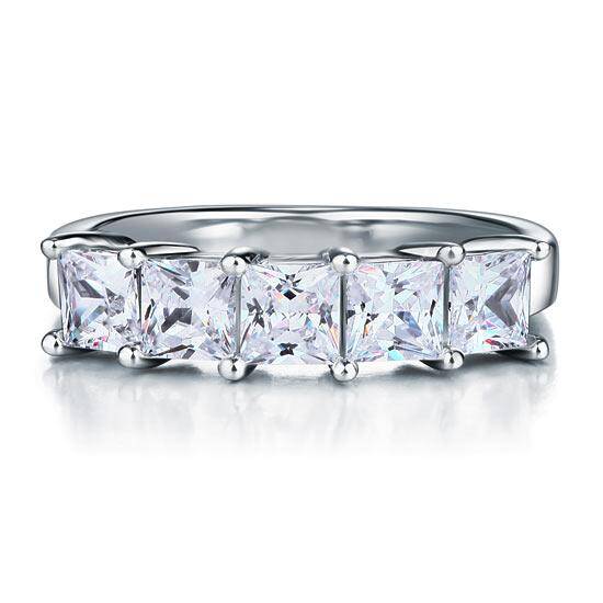 1.25ct 5 Stone Princess Cut, Half Eternity Diamond Ring, 925 Sterling Silver