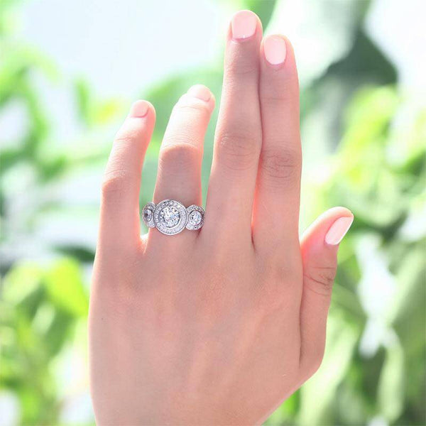 2.50ct Art Deco 3 Stone Engagement Ring, Diamond Halo Surround, 925 Silver