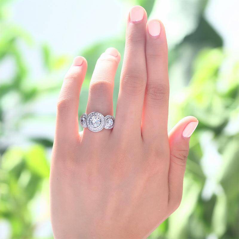 2.50ct Art Deco 3 Stone Engagement Ring, Diamond Halo Surround, 925 Silver