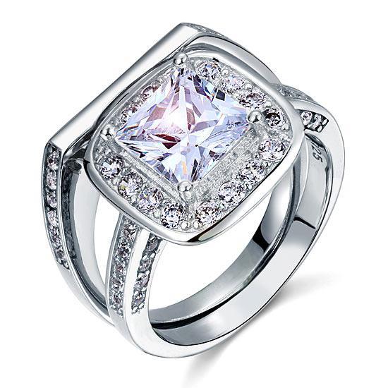2.00ct Princess Cut Diamond Halo Bridal Ring Set, 925 Sterling Silver