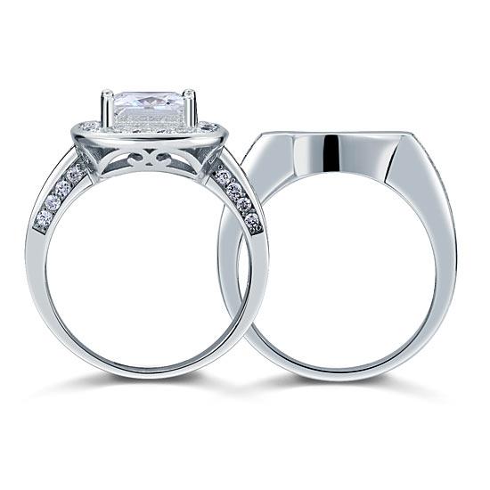 2.00ct Princess Cut Diamond Halo Bridal Ring Set, 925 Sterling Silver