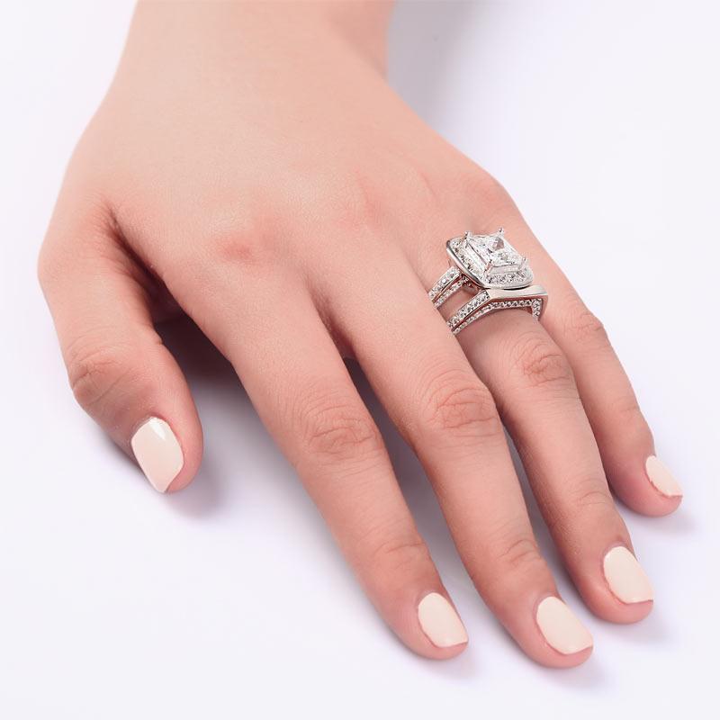 2.00ct Princess Cut Diamond Halo Bridal Ring Set, 925 Sterling Silver