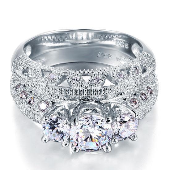1.50ct 3 Stone Vintage Round Cut Diamond Bridal Ring Set, 925 Sterling Silver