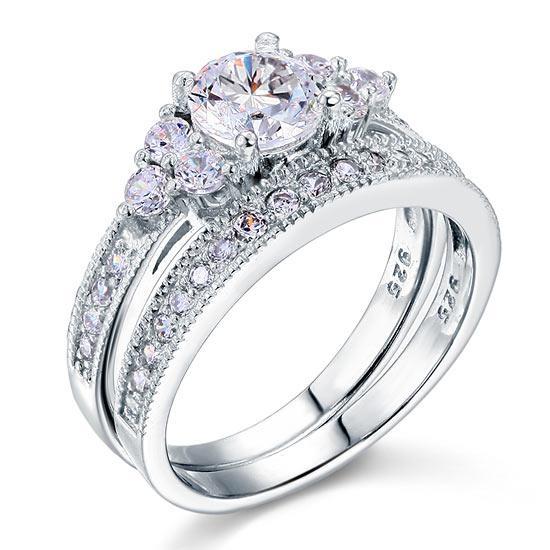 1.00ct Vintage Round Cut Diamond Bridal Ring Set, 925 Sterling Silver