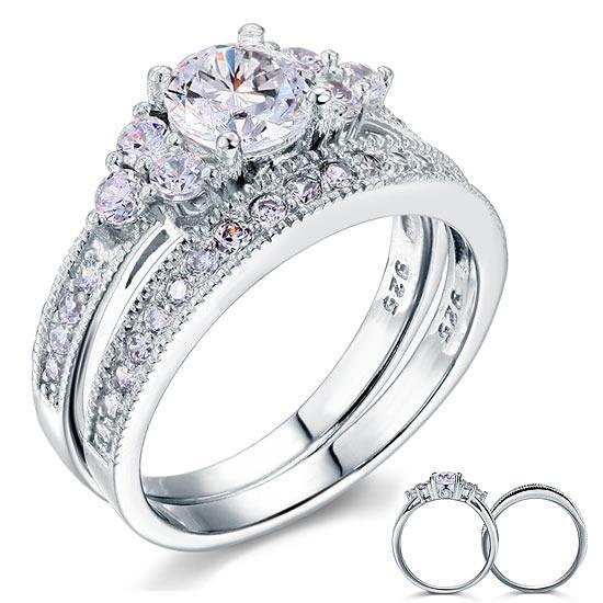 1.00ct Vintage Round Cut Diamond Bridal Ring Set, 925 Sterling Silver