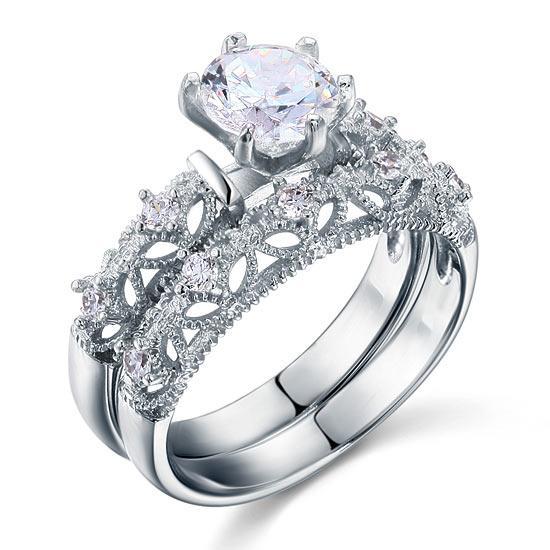 1.25ct Vintage Round Cut Diamond Bridal Ring Set, 925 Sterling Silver