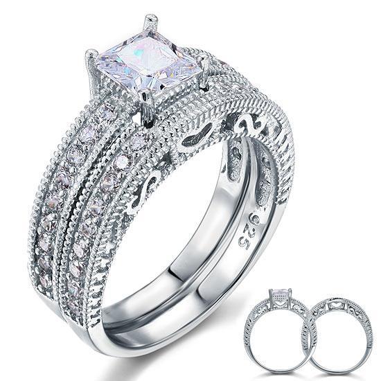 1.00ct Vintage Princess Cut Diamond Bridal Ring Set, 925 Sterling Silver