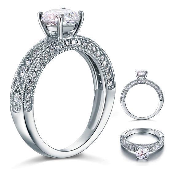 1.25ct Vintage Round Cut Diamond Engagement Ring, 925 Sterling Silver