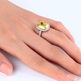 6.00ct Classic Cushion Cut Yellow Diamond Halo Engagement Ring, Diamond Shoulders, 925 Silver