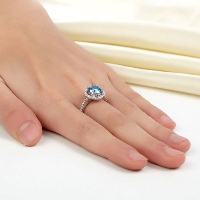 2.00ct Blue Diamond Halo Engagement Ring, 925 Sterling Silver