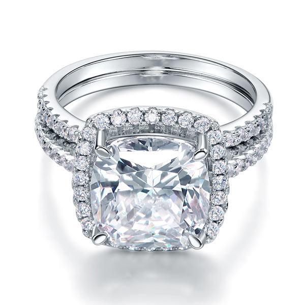 5.00ct Cushion Cut Diamond Halo Bridal Ring Set, 925 Sterling Silver
