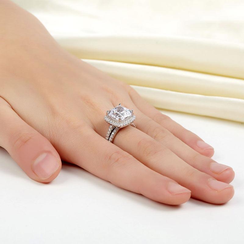 5.00ct Cushion Cut Diamond Halo Bridal Ring Set, 925 Sterling Silver