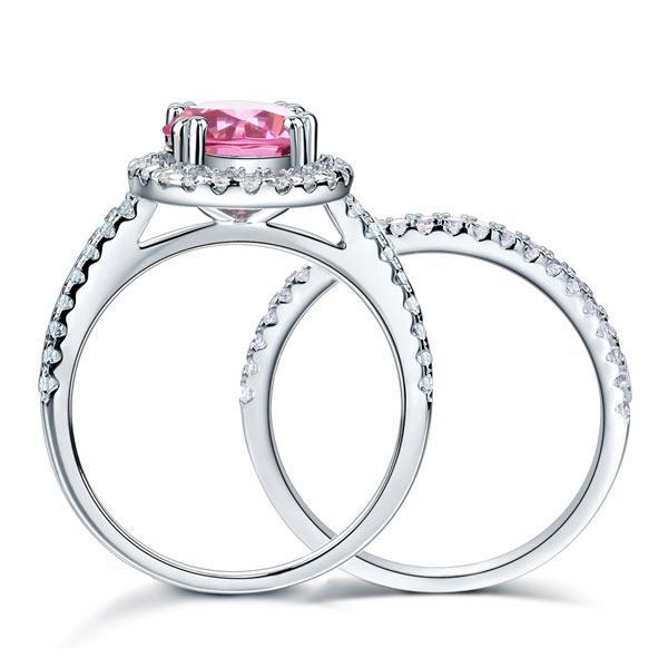 2.00ct Pink Diamond Halo, Bridal Ring Set, 925 Silver