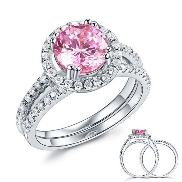 2.00ct Pink Diamond Halo, Bridal Ring Set, 925 Silver