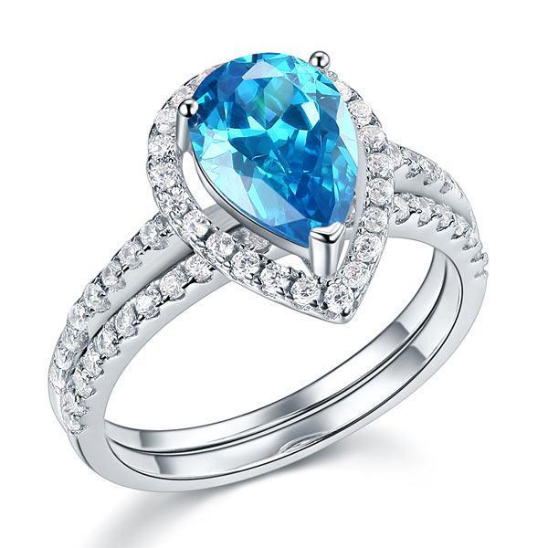 2.00ct Pear Cut Daimond Halo Ring, Fancy Blue Diamond, Bridal Ring Set