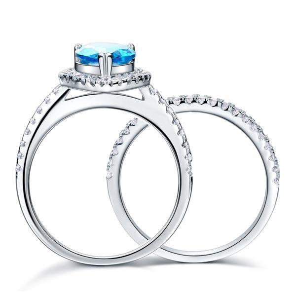 2.00ct Pear Cut Daimond Halo Ring, Fancy Blue Diamond, Bridal Ring Set