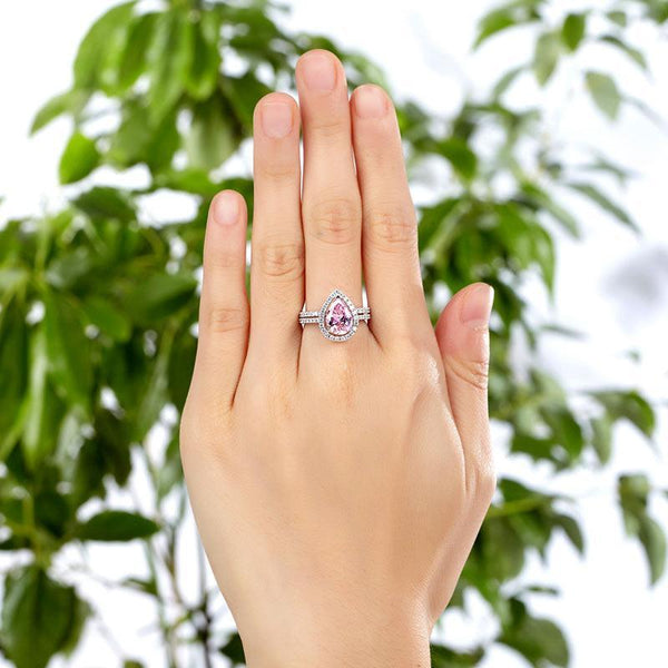 2.00ct Pear Cut Daimond Halo Ring, Fancy Pink Diamond, Bridal Ring Set