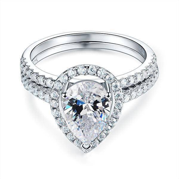 2.00ct Pear Cut Diamond Halo Bridal Ring Set, 925 Sterling Silver