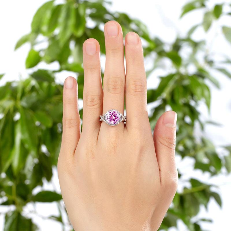 3.00ct Vivid Pink Diamond Engagement Ring, Round Brilliant Cut Twist, 925 Silver