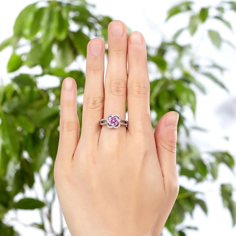 1.00ct Pink Diamond Halo Engagement Ring Round Brilliant Cut 925 Silver
