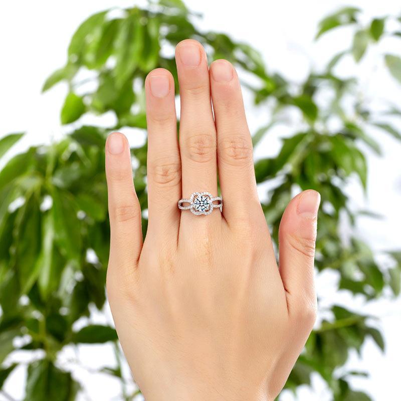 1.00ct Floral Diamond Halo Ring, Round Brilliant Cut Centre Stone